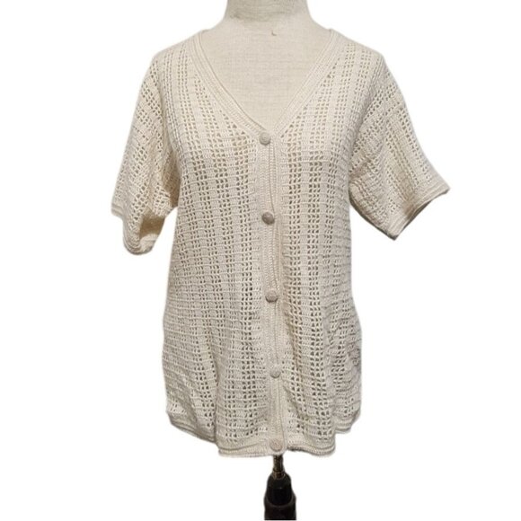 Womens Wool Cardigan Sweater Short Top Medium Hand Knit Crochet Boho Luxe Peru - Picture 2 of 6